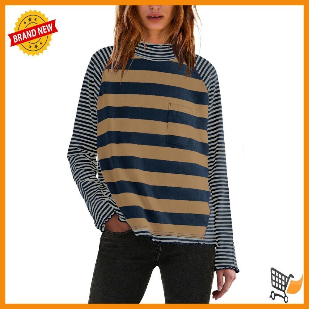 Long Sleeve Turtleneck Tunic Top Raglan Striped Loose Fit Pullover